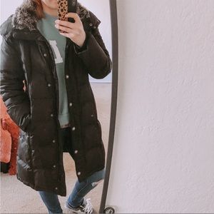 London Fog puffer trench coat jacket black faux fur collar hood medium